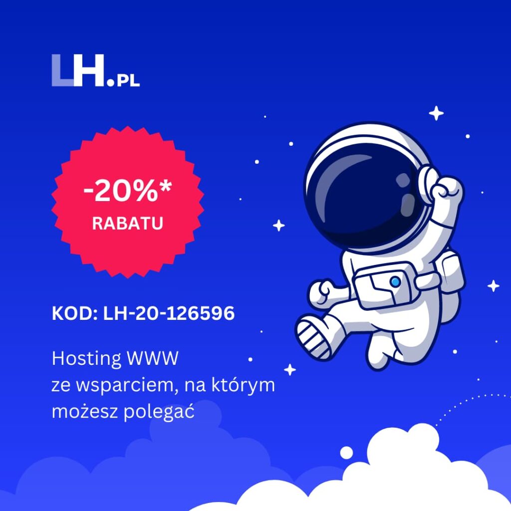 LH Uśmiechnięty astronauta unoszący się w kosmosie na tle błękitnego nieba z chmurami, z nałożonym tekstem informującym o zniżce -20%